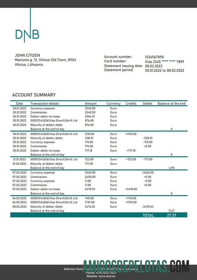 Lithuania DNB (Litva) extrato bancário amostra